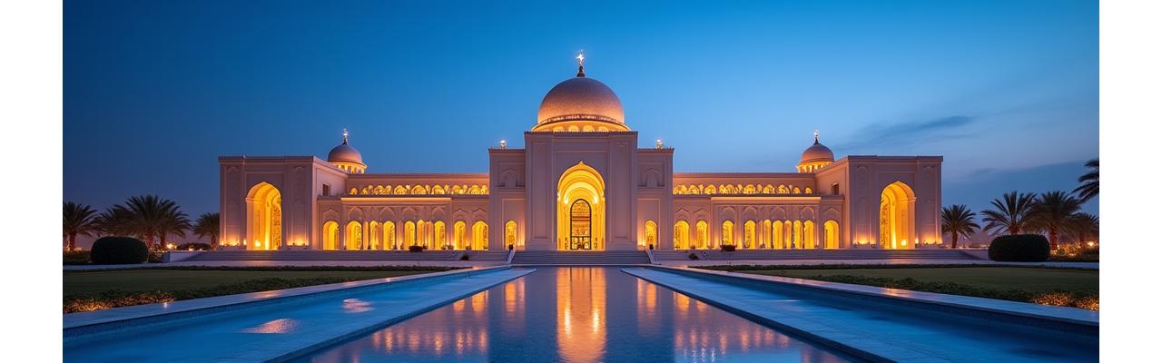 Majestic exterior of Qasr Al Watan lit subtly at twilight