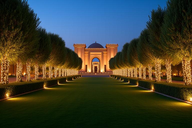 Lush palace gardens at night, lit for an event