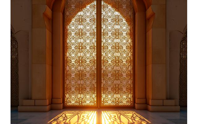 An intricately carved golden entrance gate to Qasr Al Watan, showcasing traditional Islamic design.