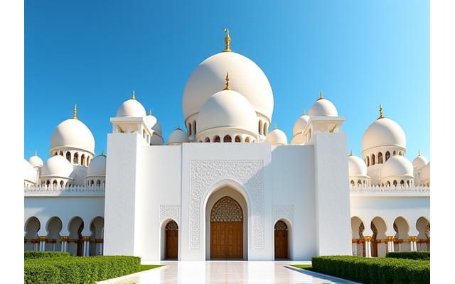 Grand exterior facade of Qasr Al Watan under a clear blue sky, showcasing the white domes and intricate designs.