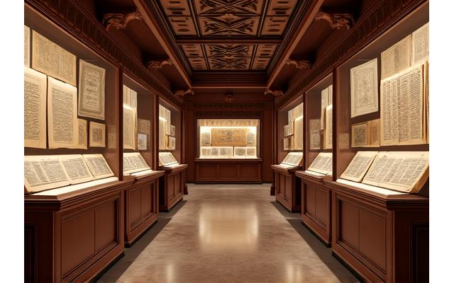 The House of Knowledge exhibition inside Qasr Al Watan, displaying ancient manuscripts and artifacts.