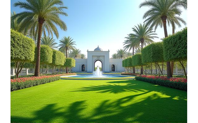 Lush green gardens of Qasr Al Watan contrasting with the white palace facade, featuring fountains and manicured lawns.