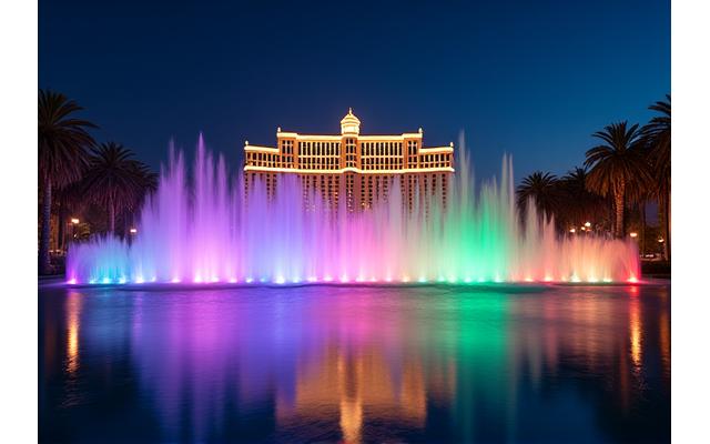 Vibrant illuminated fountains in the palace gardens at night, reflecting the palace lights.