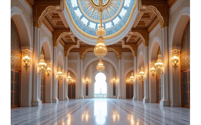 The central Grand Hall of Qasr Al Watan with its massive dome and ornate chandeliers.