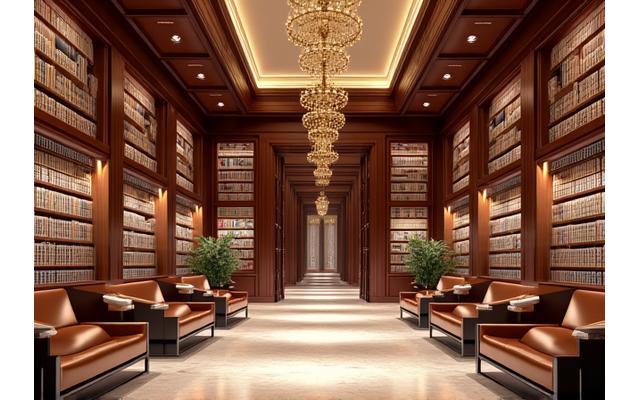 The Qasr Al Watan Library with its vast collection of books and elegant wooden shelving.