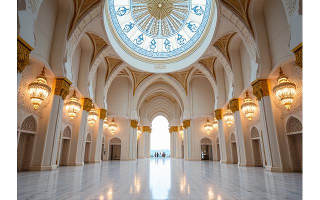 The magnificent Great Hall of Qasr Al Watan with its intricate dome and details.