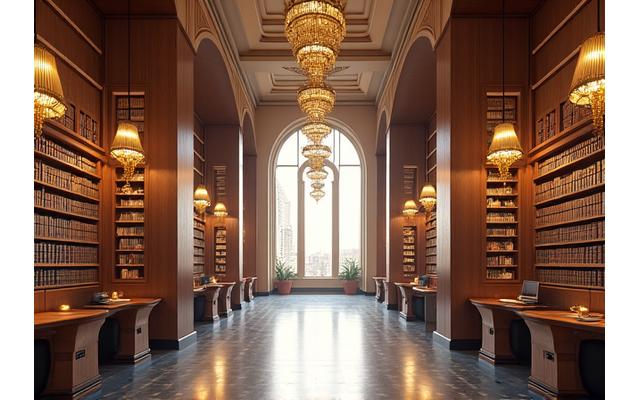 Interior of Qasr Al Watan Library with rows of books and arched windows.