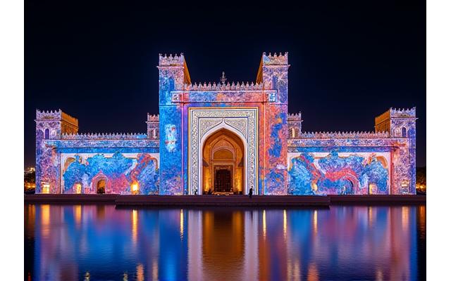 The 'Palace in Motion' light and sound show projected onto the facade of Qasr Al Watan at night.