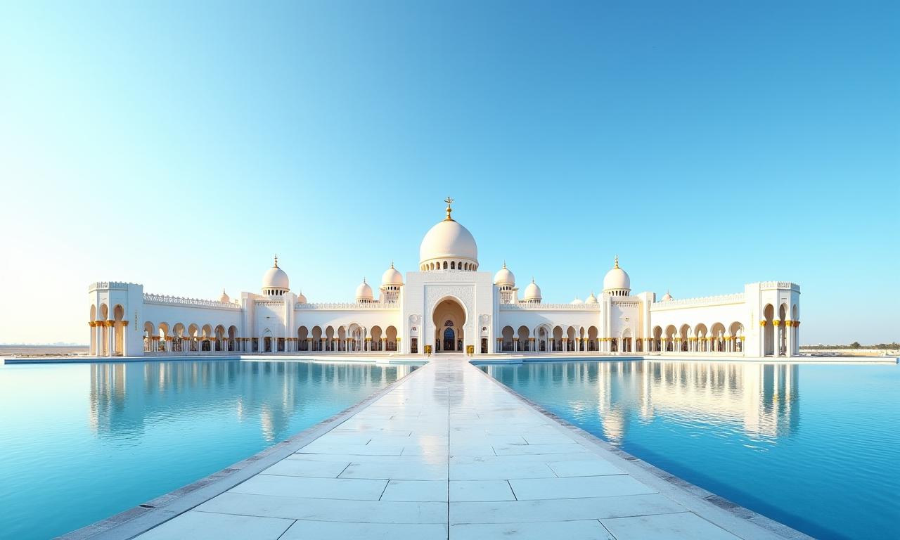 Panoramic view of Qasr Al Watan, the Presidential Palace in Abu Dhabi, majestic and grand.