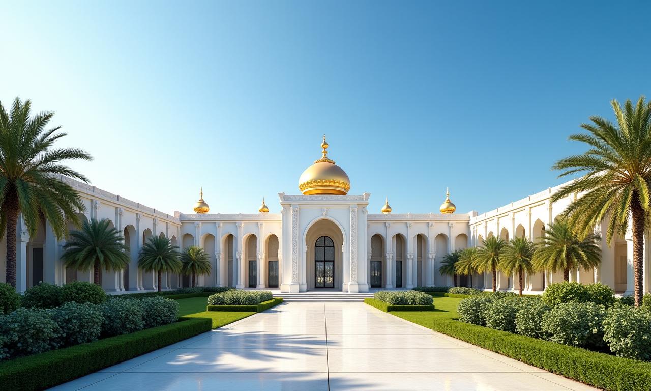 Exterior view of Qasr Al Watan, showcasing its intricate domes and white architecture under a clear sky.